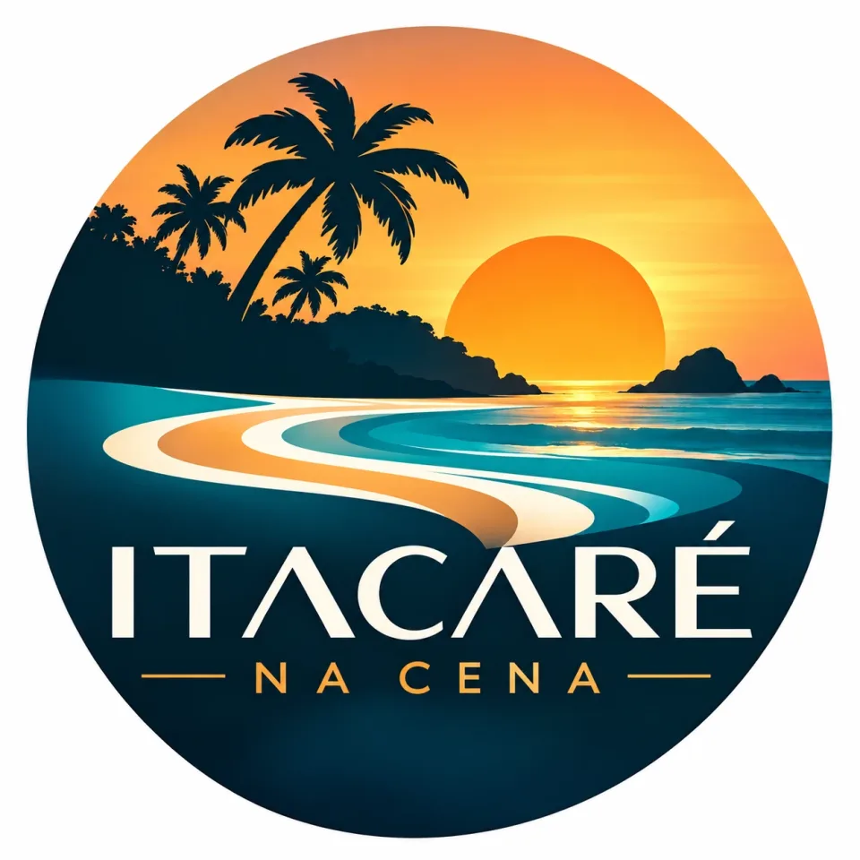 Logo redondo do Itacaré na Cena (pôr do sol, coqueiros e praia)